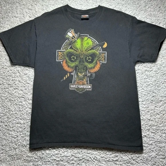 Harley Davidson Shirt Mens Large Crewneck Shamrock Tee Lucky Skull Patricks Day - Picture 1 of 3